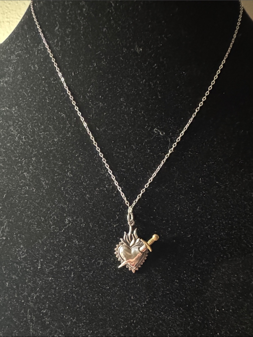Sacred Heart Necklace w/pendant Dagger Accent - 925 Silver/Bronze, Italy